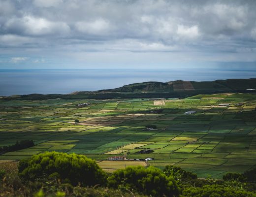 Aerial photo showcasing lush green patchwork fields extending to the ocean under a cloudy sky.