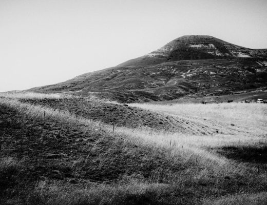 Dramatic black and white image of serene rolling hills and a distant mountain.