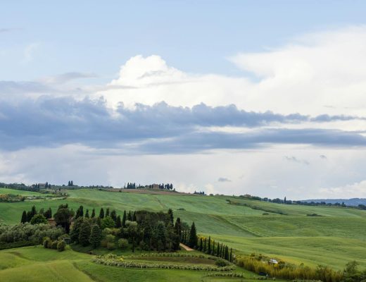 Peaceful panoramic view of green rolling hills and cypress trees in Pienza, Tuscany, under a cloudy sky.